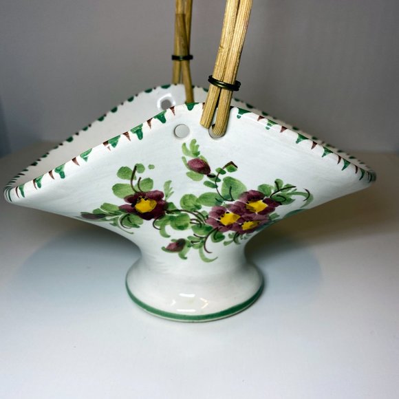 Vintage Ulmer Keramik Floral Porcelain Basket Wicker Handle Germany 400/1 - Picture 2 of 4